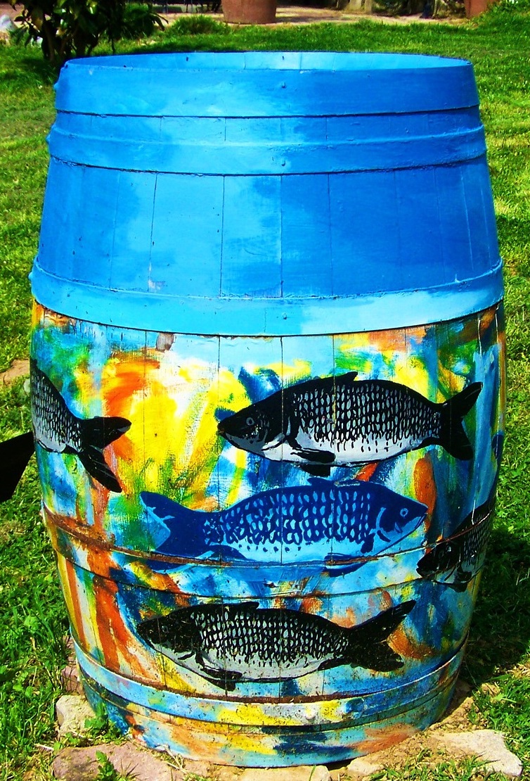 Painted barrel representing octopus cage described in The Soul of an Octopus by Sy Montgomery.