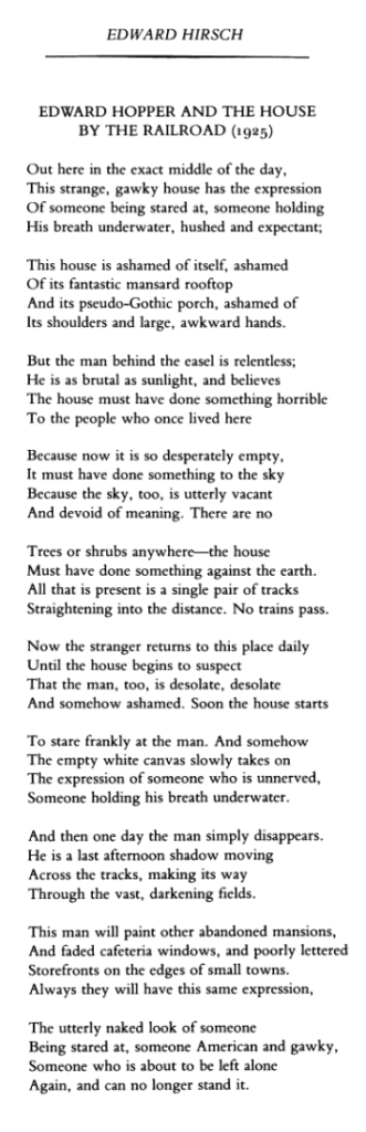 Image of Edward Hirsch's Ekphrastic Poem "Edward Hopper and the House By the Railroad (1925)"