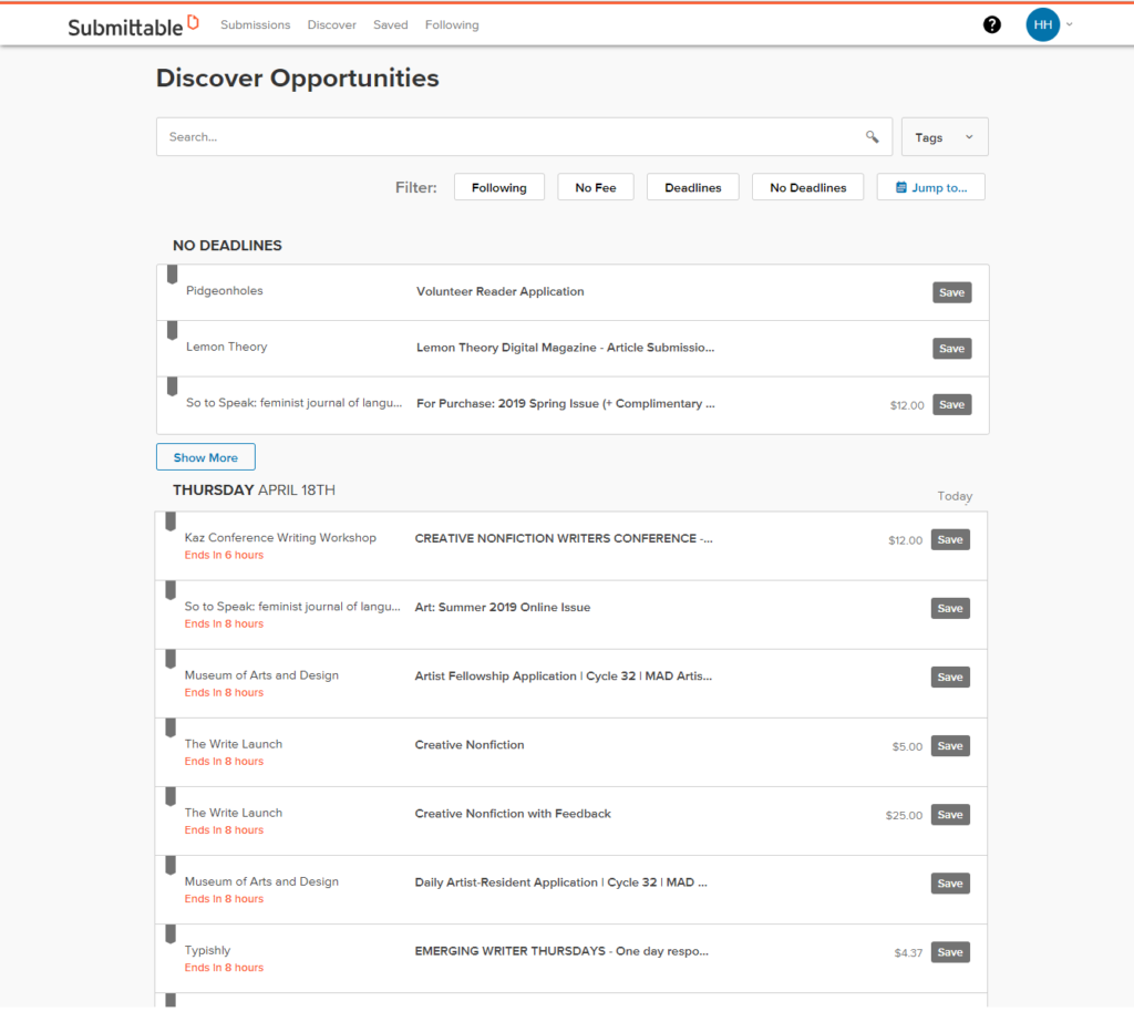 Screenshot of Submittable Discover Literary Submissions Opportunities 2019