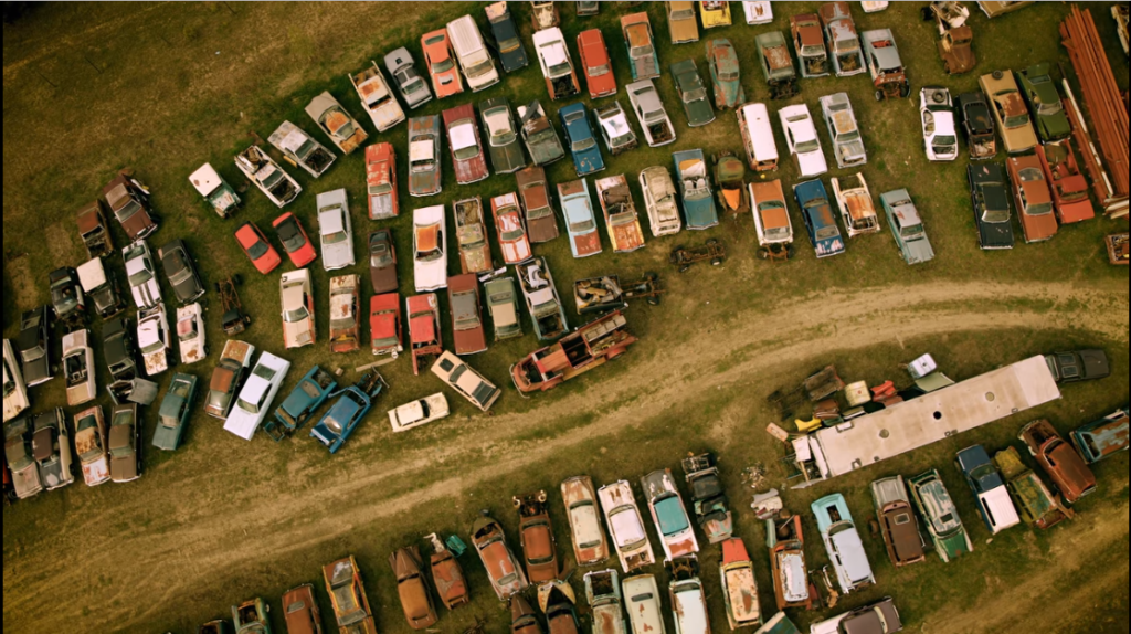 Overhead view of Mike Hall's car collection in Rust Valley.