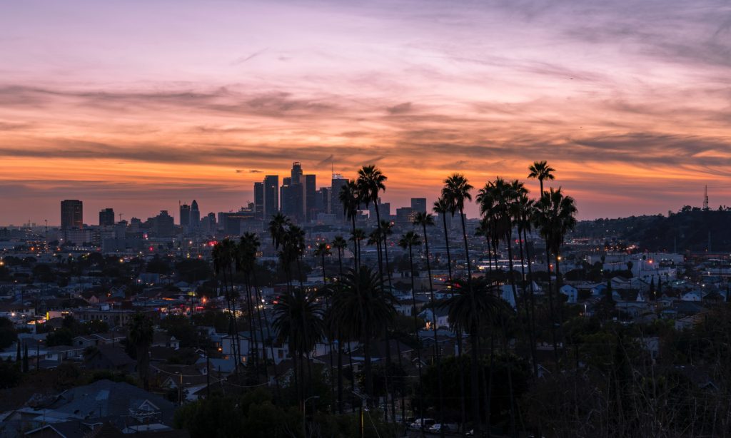 Photo of Downtown Los Angeles Sunset  representing city DJ Waldie writes about in Where Are We Now.