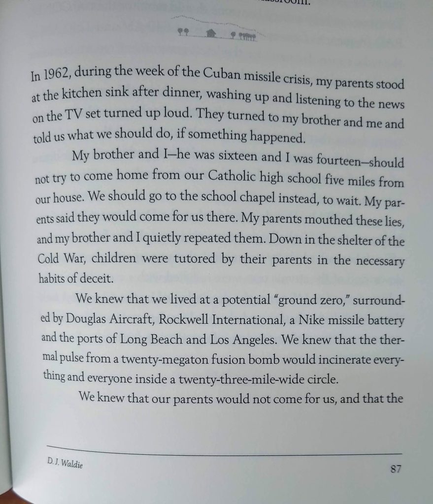 Photo of page from DJ Waldie's essay Fallout in Where Are We Now for book review by Hannah Huff on Notes of Oak