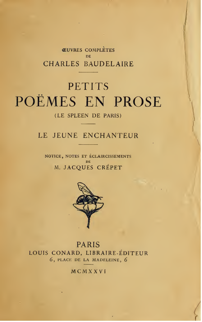 Title page of Charles Baudelaire's Petits Poemes en Prose in French