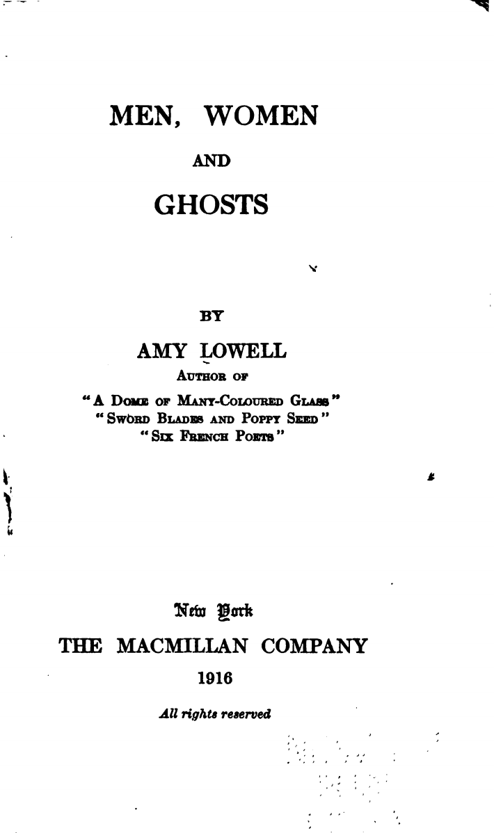 Title page of Men, Women and Ghosts by poet Amy Lowell