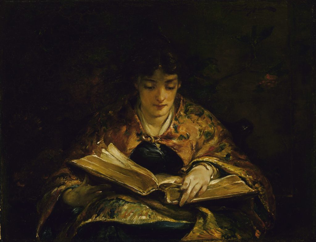 Painting of woman reading a big book of prose poetry