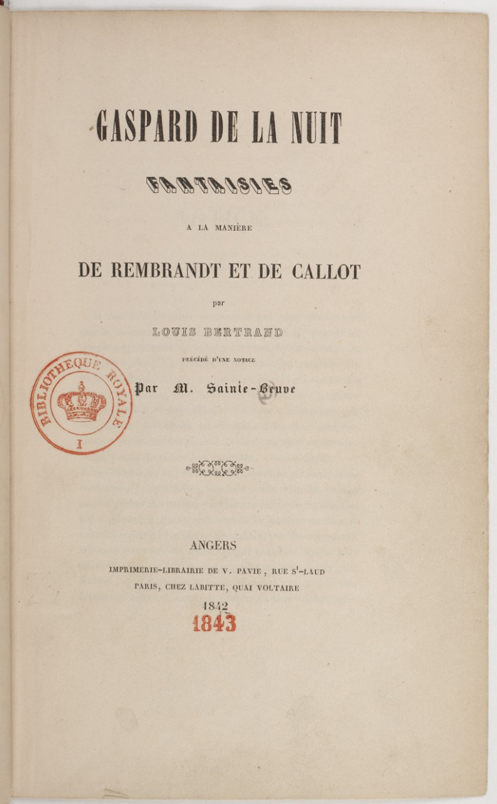 Title page of Aloysius Bertrand's Gaspard De La Nuit in French